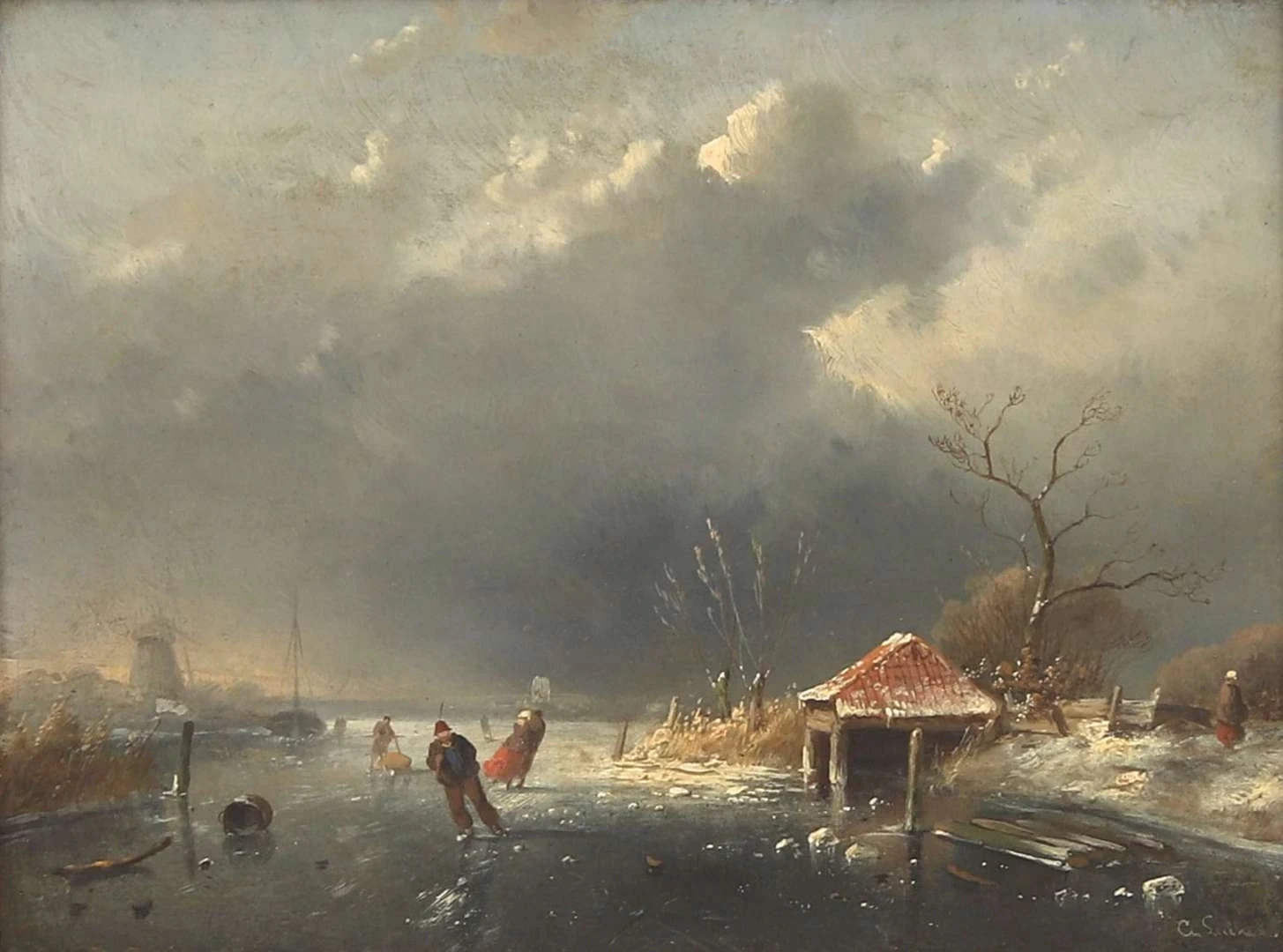 Charles Leickert - Paesaggio invernale olandese con pattinatori sul ghiaccio